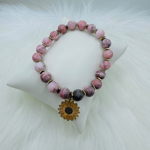 Pink Beaded Bracelet w/ Sunflower Charm - Picture 3 of 5